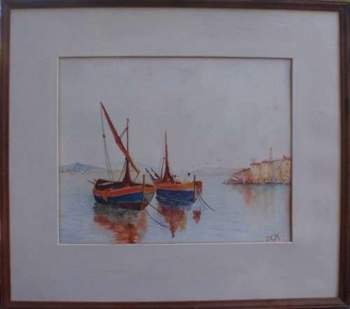 VINTAGE: GORGEOUS ORIGINAL WATERCOLOUR `FISHING BOATS` TRANQUIL REFLECTIONS - LOVELY!!!