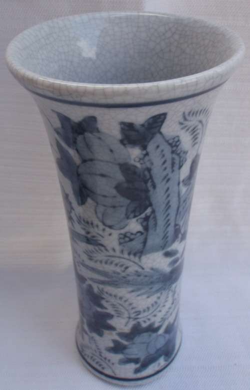 BEAUTIFUL HAND PAINTED BLUE and SOFT GREY VASE - LOVELY DECOR ITEM