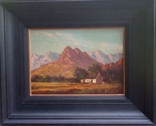COLLECTABLE - JOHAN GREEFF - SOUTH AFRICAN FARMHOUSE WITH MOUNTAINS - IN ORIGINAL FRAME!!!