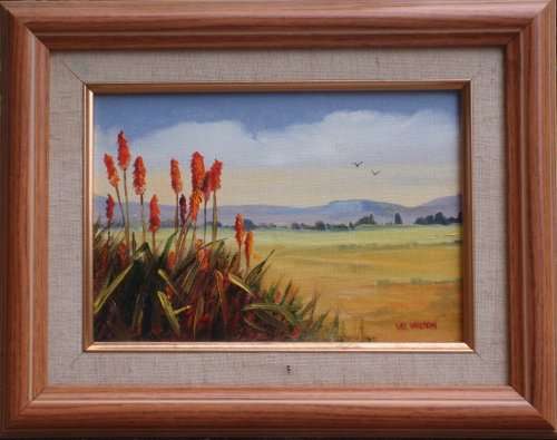 BEAUTIFUL ORIGINAL OIL by WELL KNOWN DURBAN ARTIST, VAL WILSON.  SOUTH AFRICAN LANDSCAPE WITH ALOES!