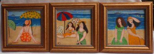 ORIGINAL OILS - SET OF THREE 'A DAY AT THE BEACH' by HILARY - LOVELY NAIVE & QUIRKY ART!