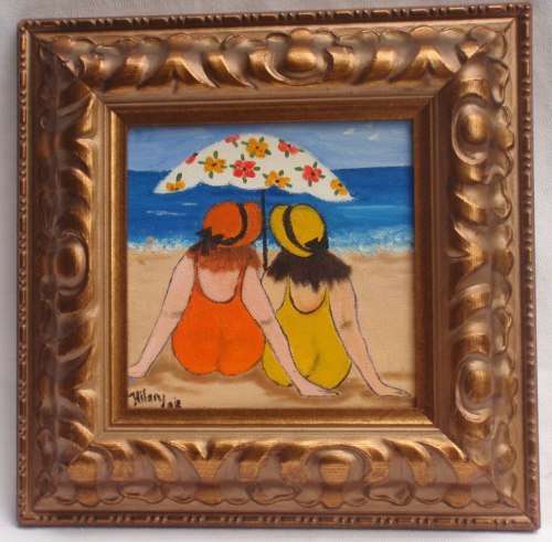ORIGINAL OILS by HILARY - SET OF 3 NAIVE ART "ANOTHER DAY AT THE BEACH" BEAUTIFULLY FRAMED!!!