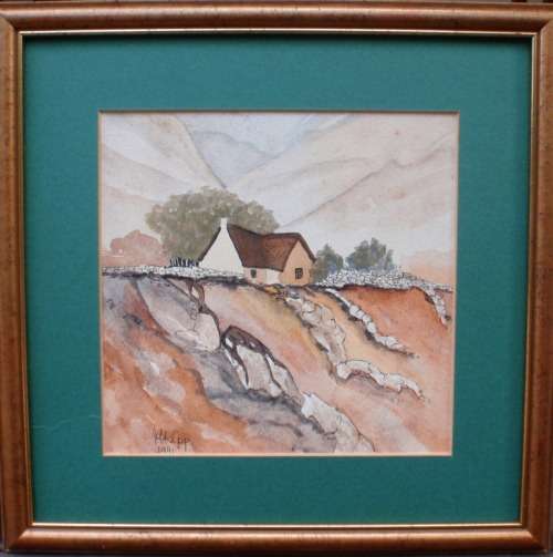 ORIGINAL WATERCOLOUR - ABSTRACT LANDSCAPE WITH HOUSE SCENE, SIGNED AND DATED WELL FRAMED