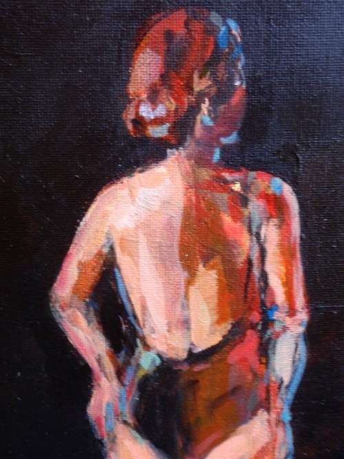 INTERESTING ORIGINAL OIL ON CANVAS 'WOMAN IN BATHING COSTUME" SIGNED.