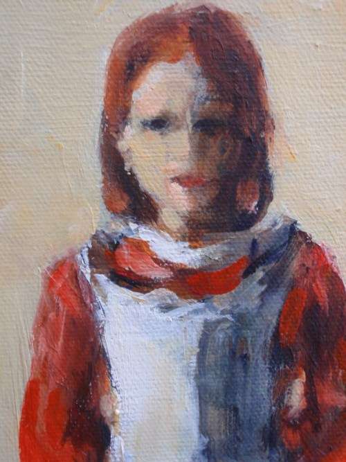 INTERESTING ORIGINAL OIL PAINTING, GIRL IN WHITE PINNY. OIL ON CANVAS, SIGNED