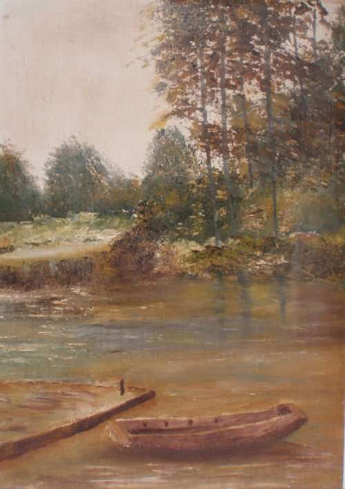 VINTAGE - LOVELY ORIGINAL OIL PAINTING OF LANDSCAPE WITH JETTY & BOAT
