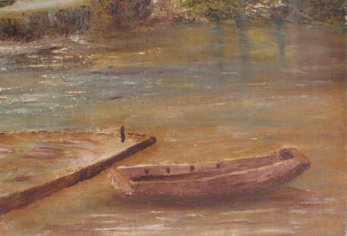 VINTAGE - LOVELY ORIGINAL OIL PAINTING OF LANDSCAPE WITH JETTY & BOAT