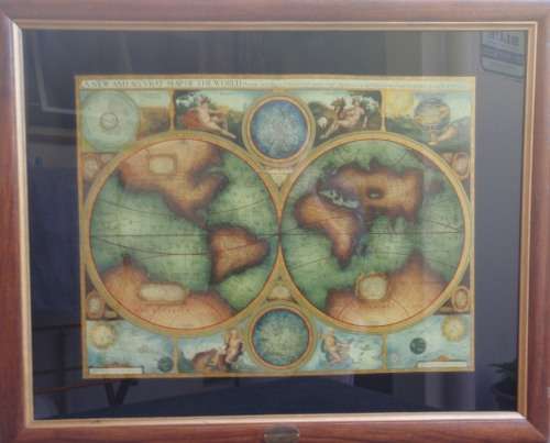 AMAZING `MAP OF THE WORLD`  HAND PAINTED BY `THE VICTORIA STUDIO` COPY OF MAP 1626! GOOD CONDITION