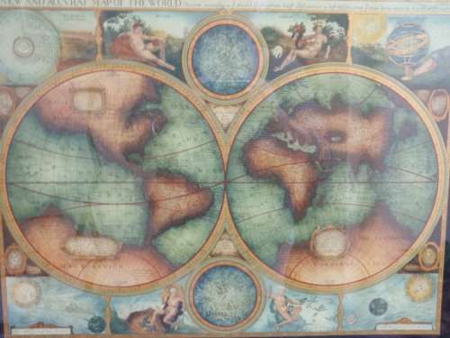 AMAZING `MAP OF THE WORLD`  HAND PAINTED BY `THE VICTORIA STUDIO` COPY OF MAP 1626! GOOD CONDITION