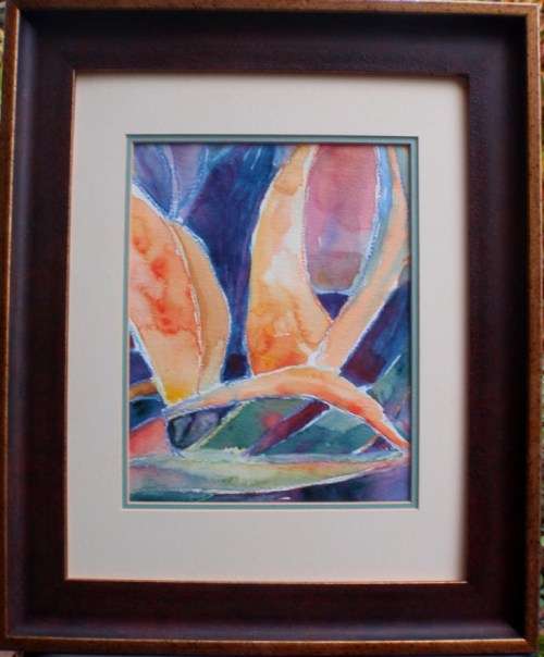 STUNNING ORIGINAL WATERCOLOUR `ABSTRACT BIRD OF PARADISE` TASTEFULLY FRAMED, READY TO HANG