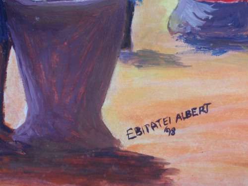 AFRICAN ARTIST -  3 ORIGINAL PAINTINGS  by EBIPATEI ALBERT  CIRCA 1998 - RURAL LIFE. FABULOUS SET!
