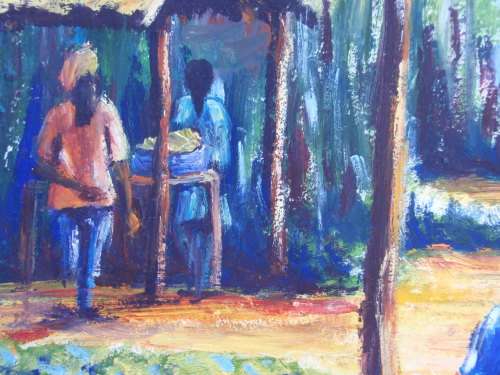 AFRICAN ARTIST -  3 ORIGINAL PAINTINGS  by EBIPATEI ALBERT  CIRCA 1998 - RURAL LIFE. FABULOUS SET!