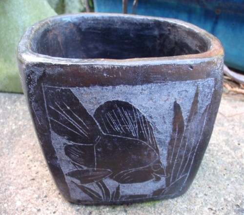 INTERESTING, RUSTIC STONEWARE JAR WITH HAND MADE IMAGES OF FISH - INTRIQUING!