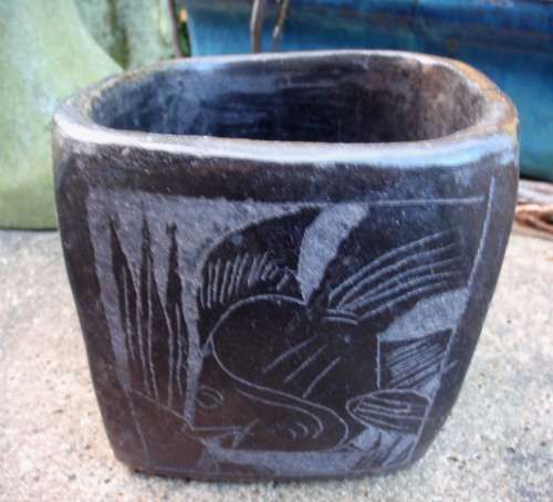 INTERESTING, RUSTIC STONEWARE JAR WITH HAND MADE IMAGES OF FISH - INTRIQUING!