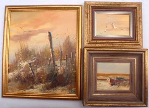 SET OF THREE BEAUTIFUL SEASCAPES - BIRDS, BOAT AND BEACH ORIGINAL OILS ON CANVAS UNIQUE FRAMES