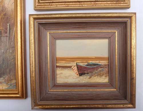 SET OF THREE BEAUTIFUL SEASCAPES - BIRDS, BOAT AND BEACH ORIGINAL OILS ON CANVAS UNIQUE FRAMES