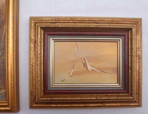 SET OF THREE BEAUTIFUL SEASCAPES - BIRDS, BOAT AND BEACH ORIGINAL OILS ON CANVAS UNIQUE FRAMES