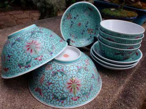 CHINESE - BEAUTIFUL HANDPAINTED TURQUOISE BOWLS SET OF 10 VARIOUS SIZES