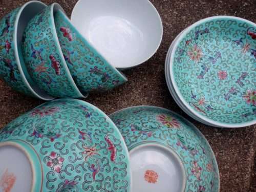 CHINESE - BEAUTIFUL HANDPAINTED TURQUOISE BOWLS SET OF 10 VARIOUS SIZES