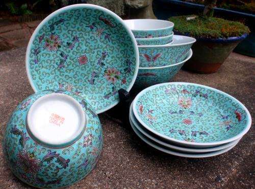 CHINESE - BEAUTIFUL HANDPAINTED TURQUOISE BOWLS SET OF 10 VARIOUS SIZES