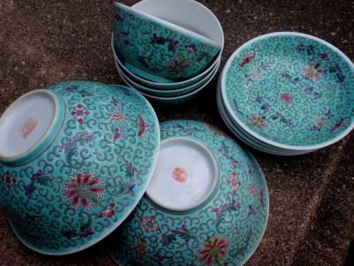 CHINESE - BEAUTIFUL HANDPAINTED TURQUOISE BOWLS SET OF 10 VARIOUS SIZES