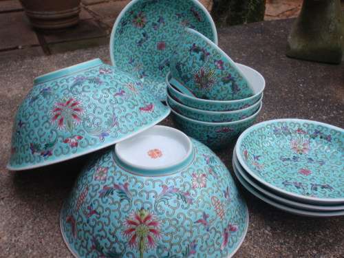 CHINESE - BEAUTIFUL HANDPAINTED TURQUOISE BOWLS SET OF 10 VARIOUS SIZES