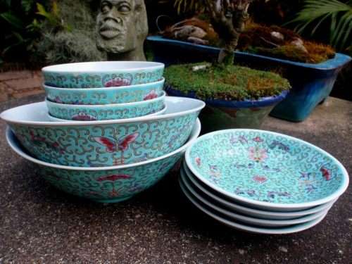 CHINESE - BEAUTIFUL HANDPAINTED TURQUOISE BOWLS SET OF 10 VARIOUS SIZES