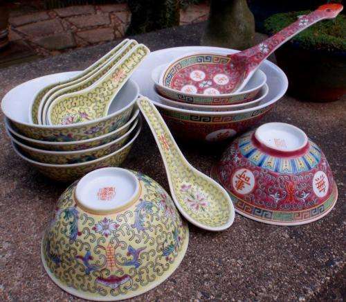CHINESE - BEAUTIFUL SET OF HANDPAINTED, 1 SERVING BOWL and SPOON,  8 SMALL BOWLS and 6 SPOONS