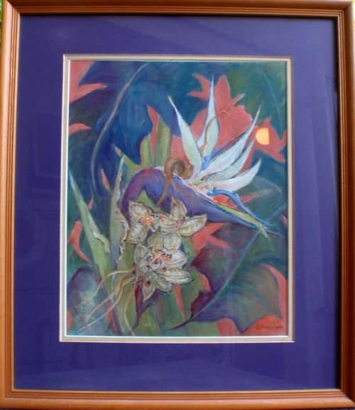 STUNNING TROPICAL ORIGINAL by E.MARRIOTT - STRELITZIA NICOLAI - WELL FRAMED READY TO HANG!
