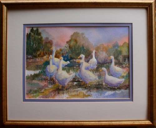 FABULOUS ORIGINAL MARGARET GIBBS WATERCOLOUR `GEESE` EXCELLENTLY EXECUTED, WELL FRAMED - BARGAIN!