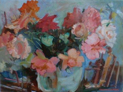 BEAUTIFUL ABSTRACT FLOWERS BY MAUREEN DE MOOR - REALLY LOVELY ORIGINAL PAINTING BY WELL KNOWN ARTIST
