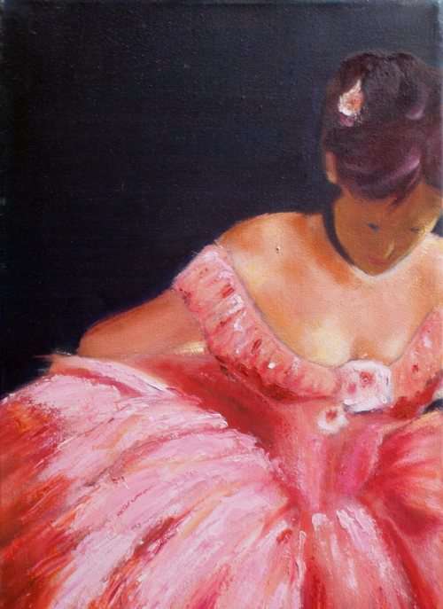 FABULOUS `DEGAS STYLE` BALLET DANCER signed JULIENNE. RICH CORAL, PEACHY HUES.  REALLY LOVELY!