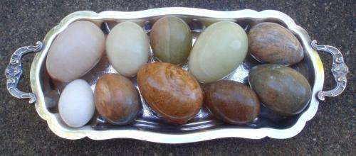 STONE EGGS IN BEAUTIFUL SILVER PLATE BOWL - LOVELY NATURAL HOME DECOR!