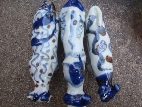 WONDERFUL and ARTY POTTERY CATTLE - BLUE DRIP GLAZED WITH HAND PAINTED DESIGNS - UNIQUE
