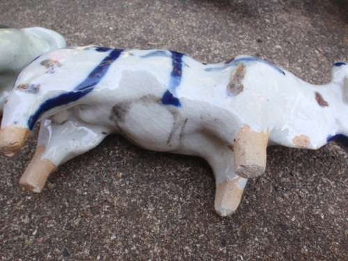WONDERFUL and ARTY POTTERY CATTLE - BLUE DRIP GLAZED WITH HAND PAINTED DESIGNS - UNIQUE
