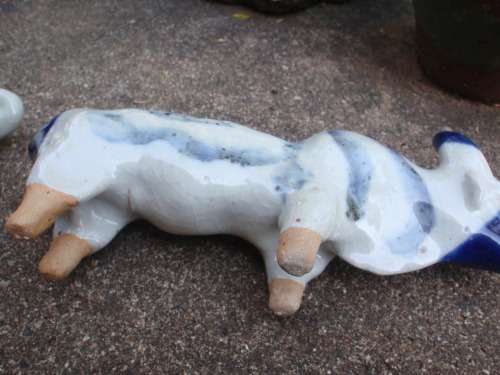 WONDERFUL and ARTY POTTERY CATTLE - BLUE DRIP GLAZED WITH HAND PAINTED DESIGNS - UNIQUE