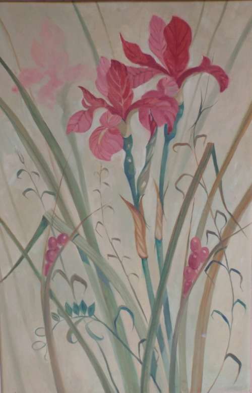 VINTAGE - MARGE MAGGS.  FABULOUS LARGE OIL PAINTING OF IRISES BY WELL KNOWN LISTED ARTIST!