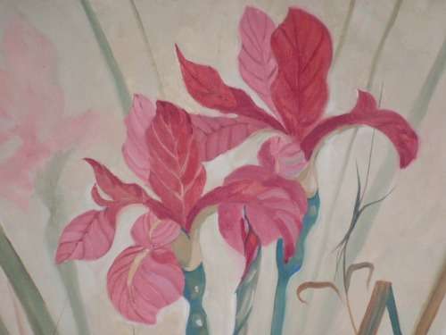 VINTAGE - MARGE MAGGS.  FABULOUS LARGE OIL PAINTING OF IRISES BY WELL KNOWN LISTED ARTIST!