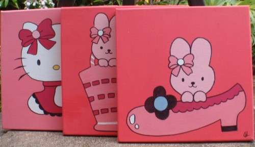 Pretty Pink - three delightful kitty original paintings on canvas frames - ready to hang.