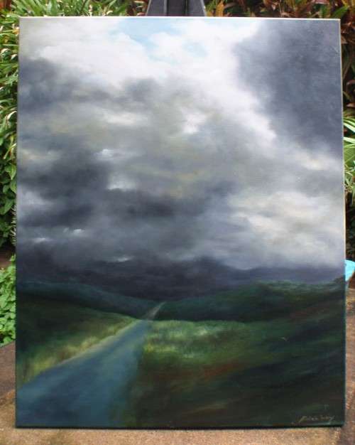 Stunning large original oil on canvas, Michelle Irving  dramatic grey cloudy skies landscape.