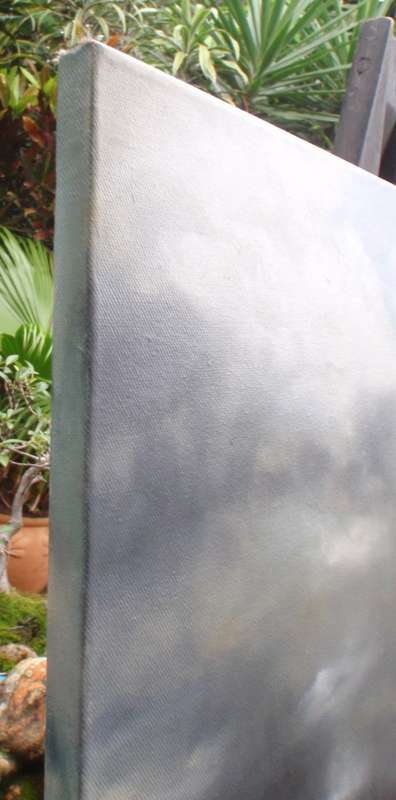 Stunning large original oil on canvas, Michelle Irving  dramatic grey cloudy skies landscape.