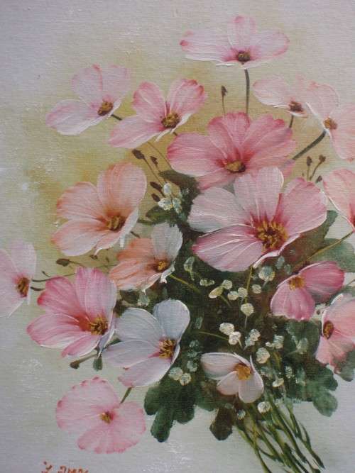 Cosmos - the most delicate original oil painting of these wild flowers - signed and framed.