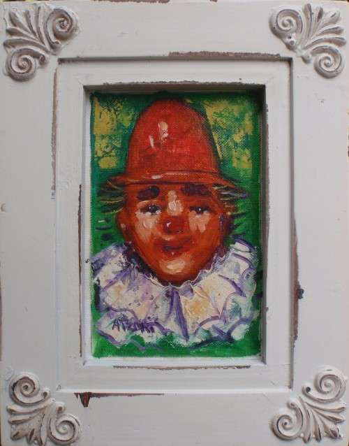 Original clown oil Antonio Atzori 1939 Pillaro Italy. Listed with works sold on auction.