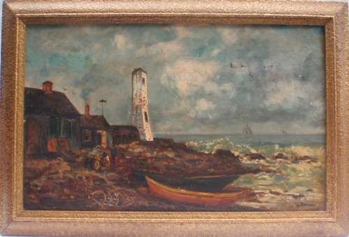 Antique seascape - gorgeous old oil painting of fishermans home and lighthouse - charming piece.