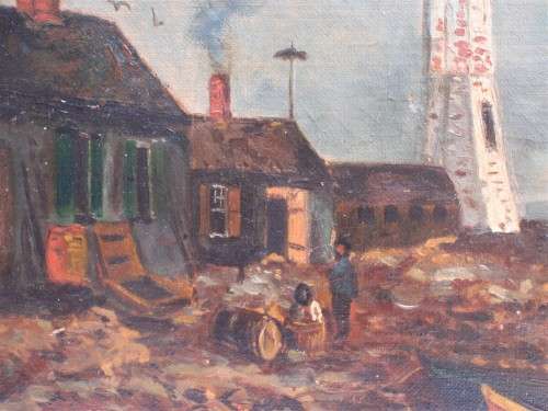 Antique seascape - gorgeous old oil painting of fishermans home and lighthouse - charming piece.