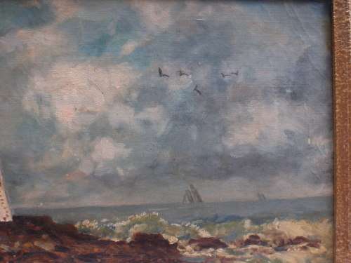 Antique seascape - gorgeous old oil painting of fishermans home and lighthouse - charming piece.