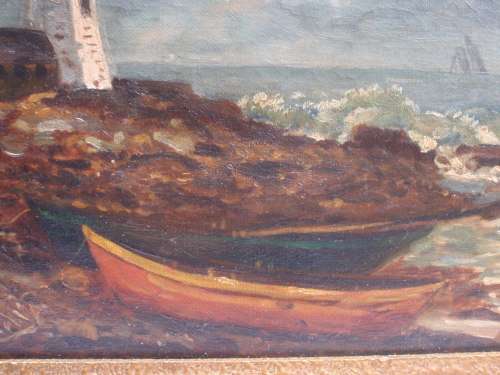 Antique seascape - gorgeous old oil painting of fishermans home and lighthouse - charming piece.