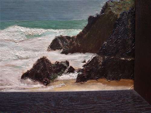 Vintage original oil, circa 1940-50s. Seascape, nesting seafgulls on clifftop, ebonized oak frame