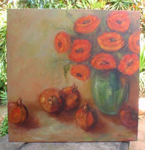 Large original oil on canvas frame - magnificent still life with flowers and pomegranates
