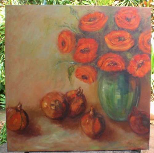 Large original oil on canvas frame - magnificent still life with flowers and pomegranates